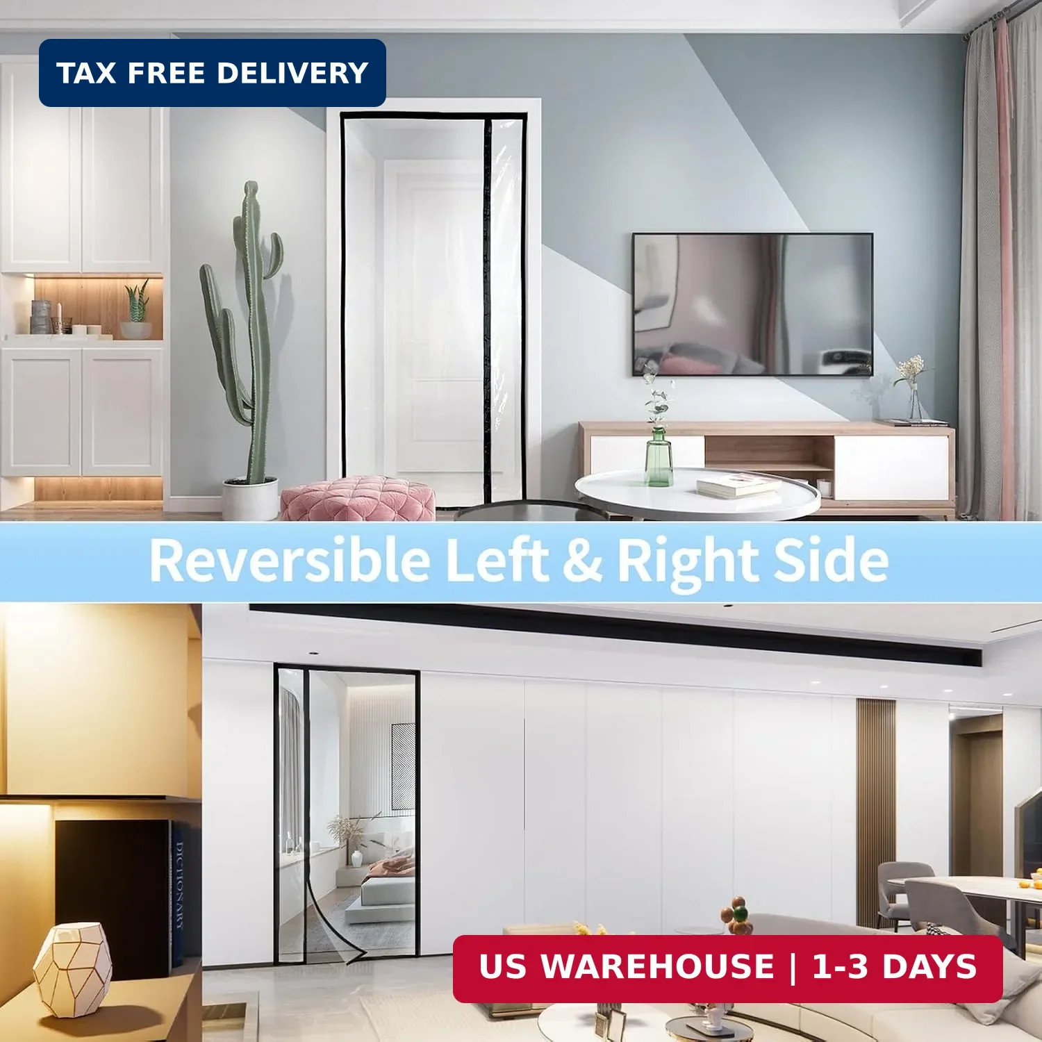 Transparent Reversible Left or Right Side Opening Insulated Door Curtain, Magnet