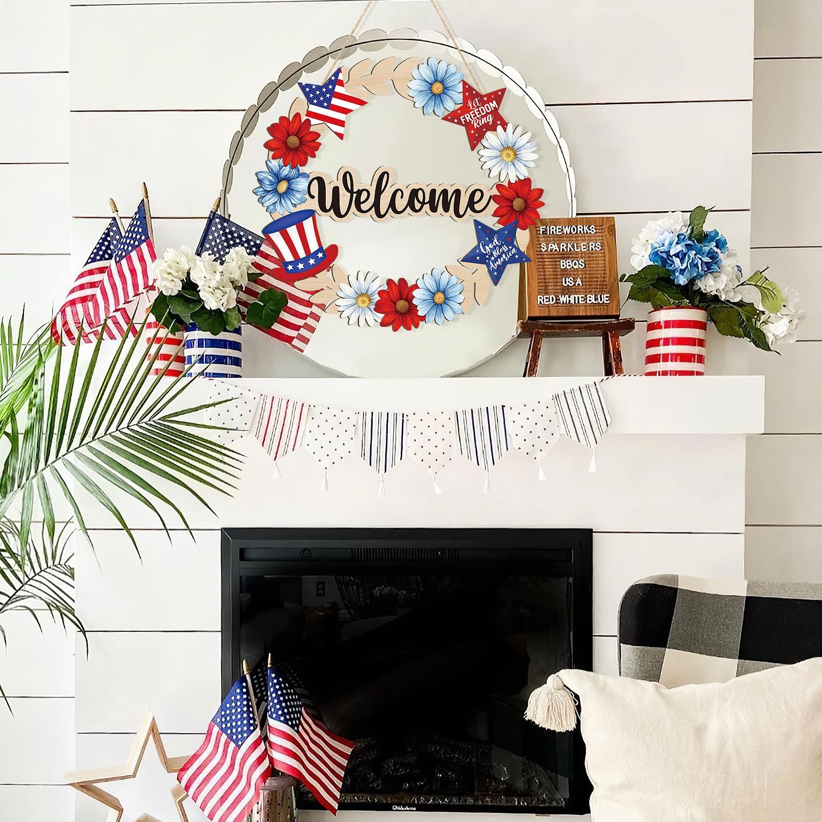 Wooden 4th of July Decoration Door Wreath for Front Door Sign Star Wall Signs,In