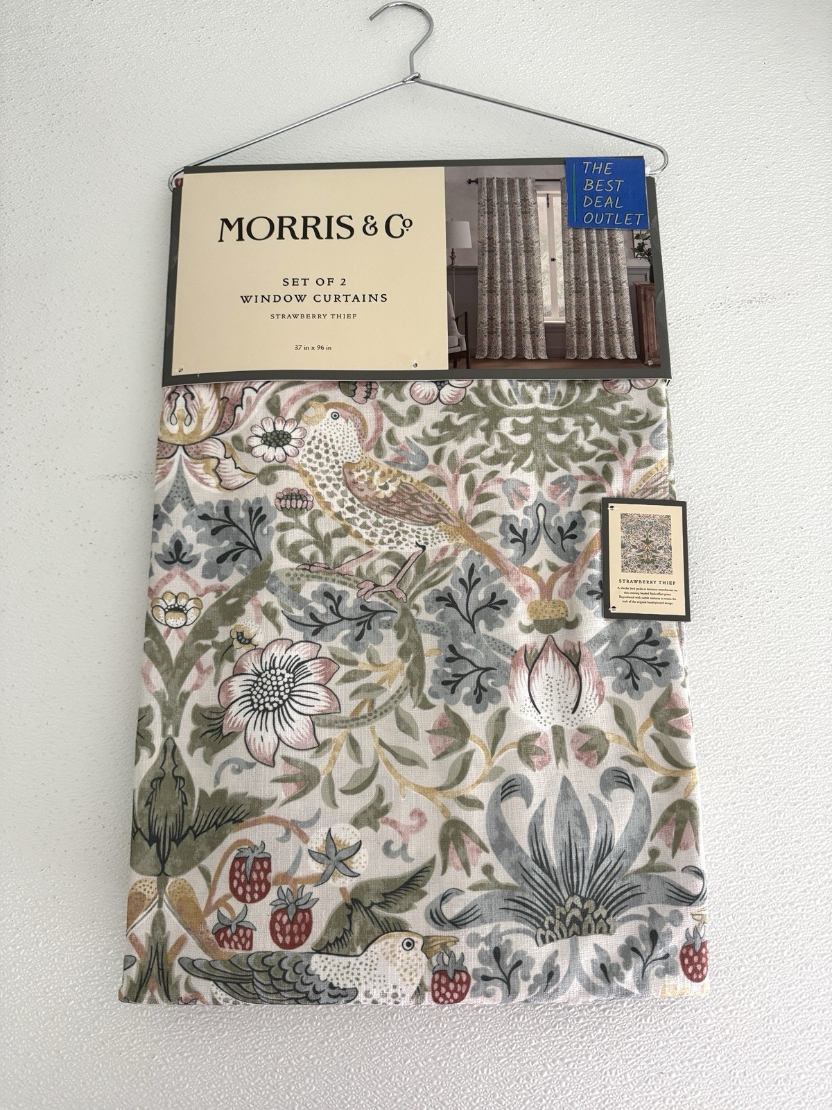 New Morris & C Window Curtains 2 Panels Darkening 37 x 96 Strawberry Thief Birds