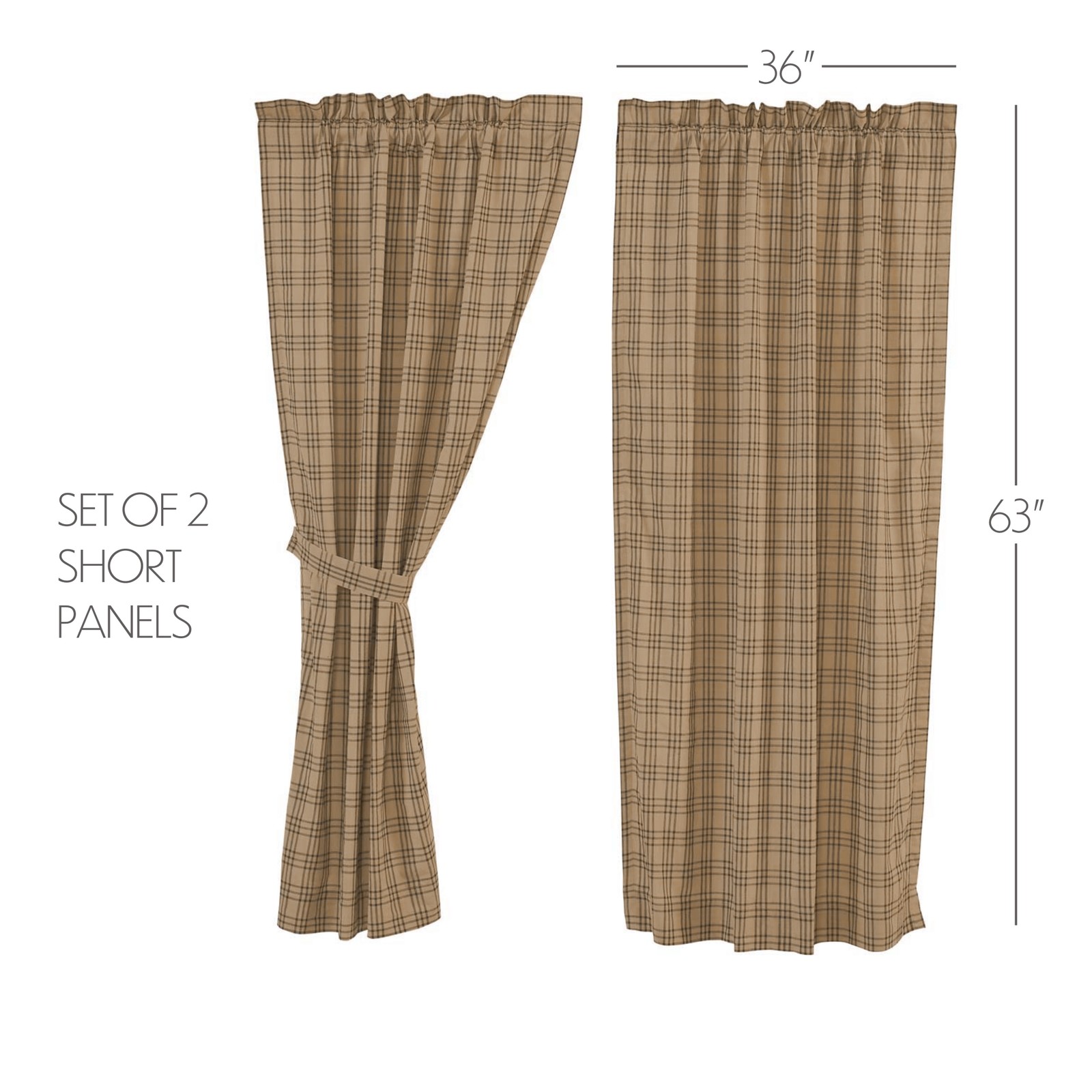 VHC Brands Sawyer Mill Farmhouse Charcoal Tan Plaid Short Panel Set of 2 63×36″