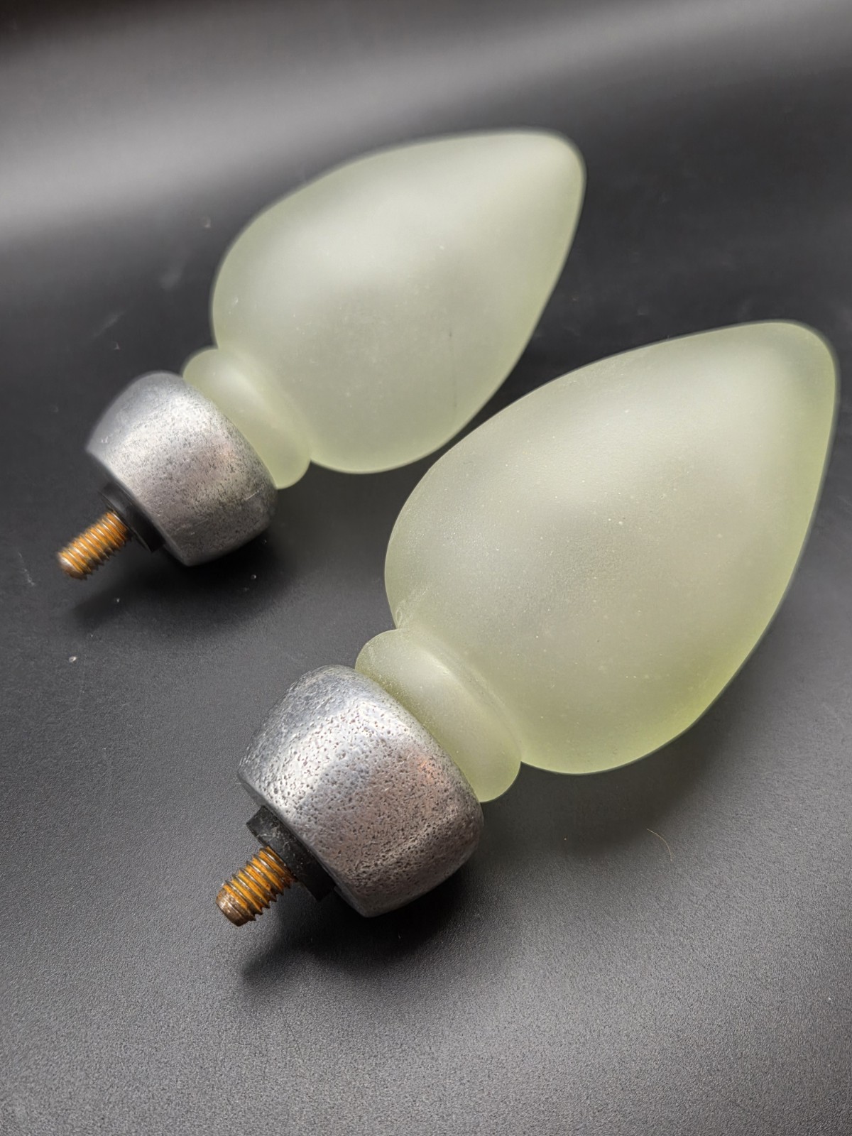 2 Pottery Barn Frosted Green Glass Pewter Style Curtain Rod Finials