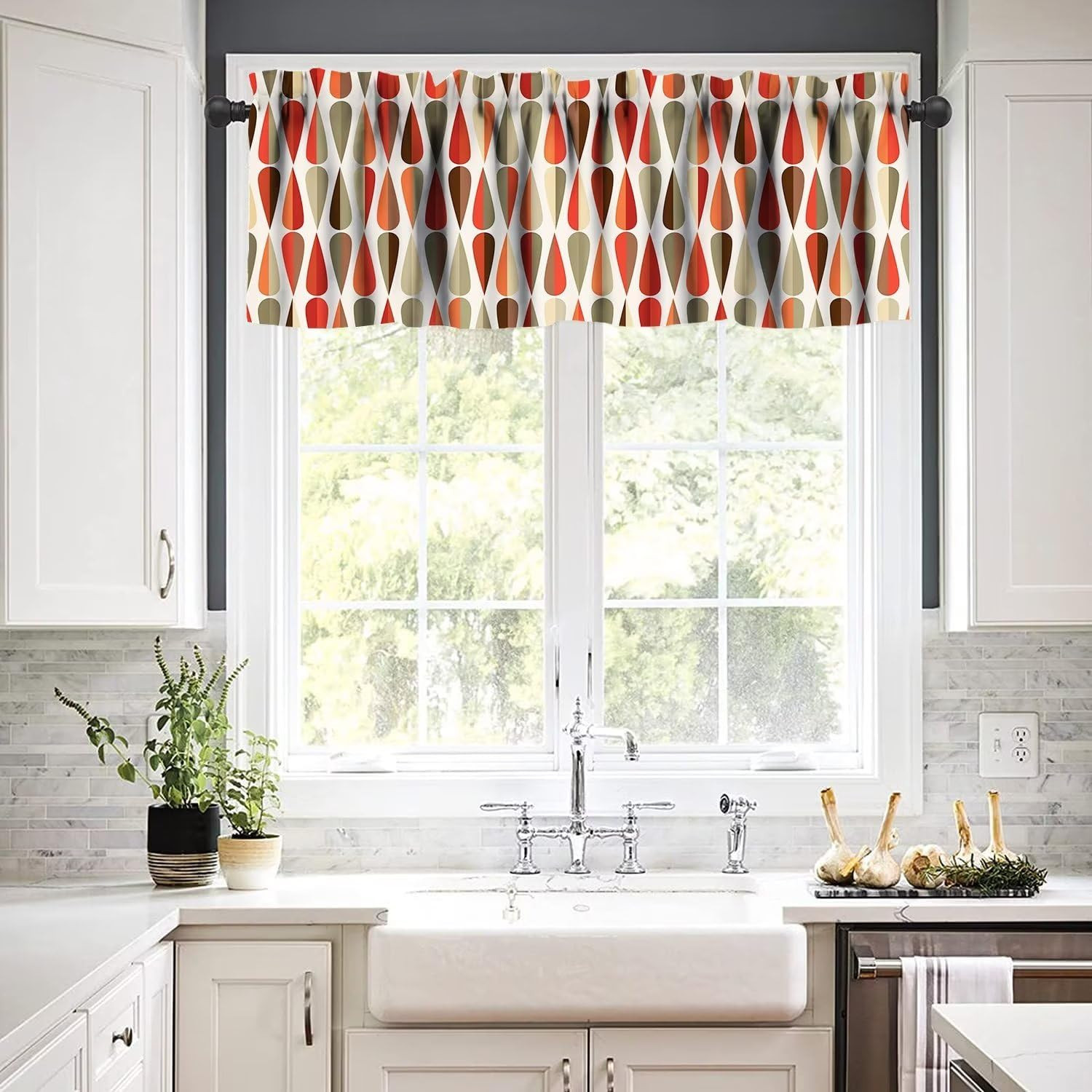 Mid Century Window Curtain Valance,Modern Abstract Triangular Retro Printed Patt
