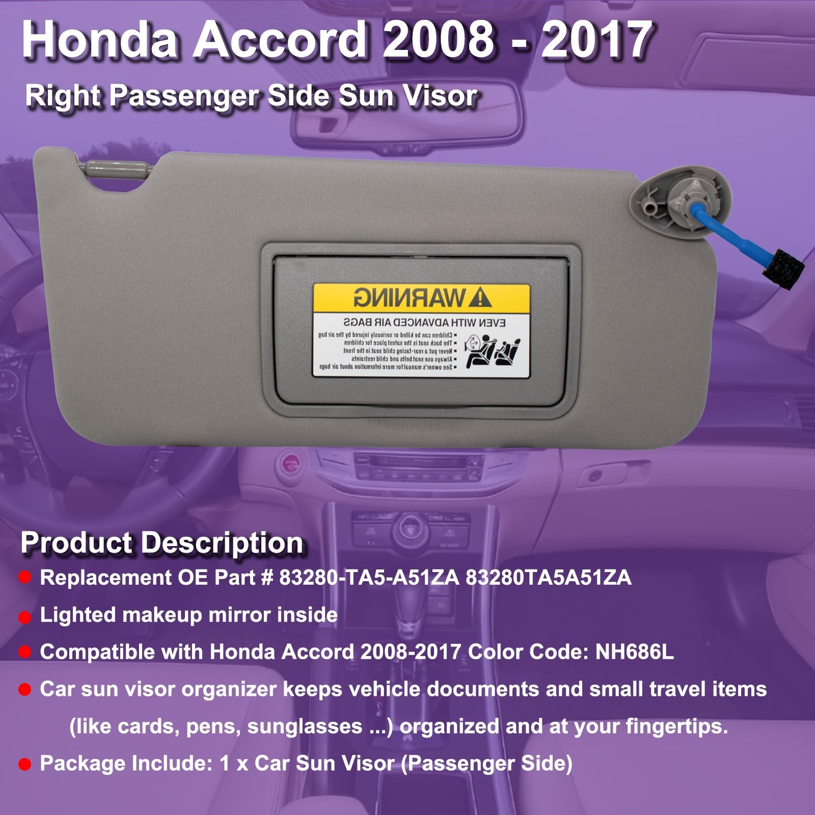 Passenger Right Sun Visor Compatible with Honda Accord 2008-2017 Gray