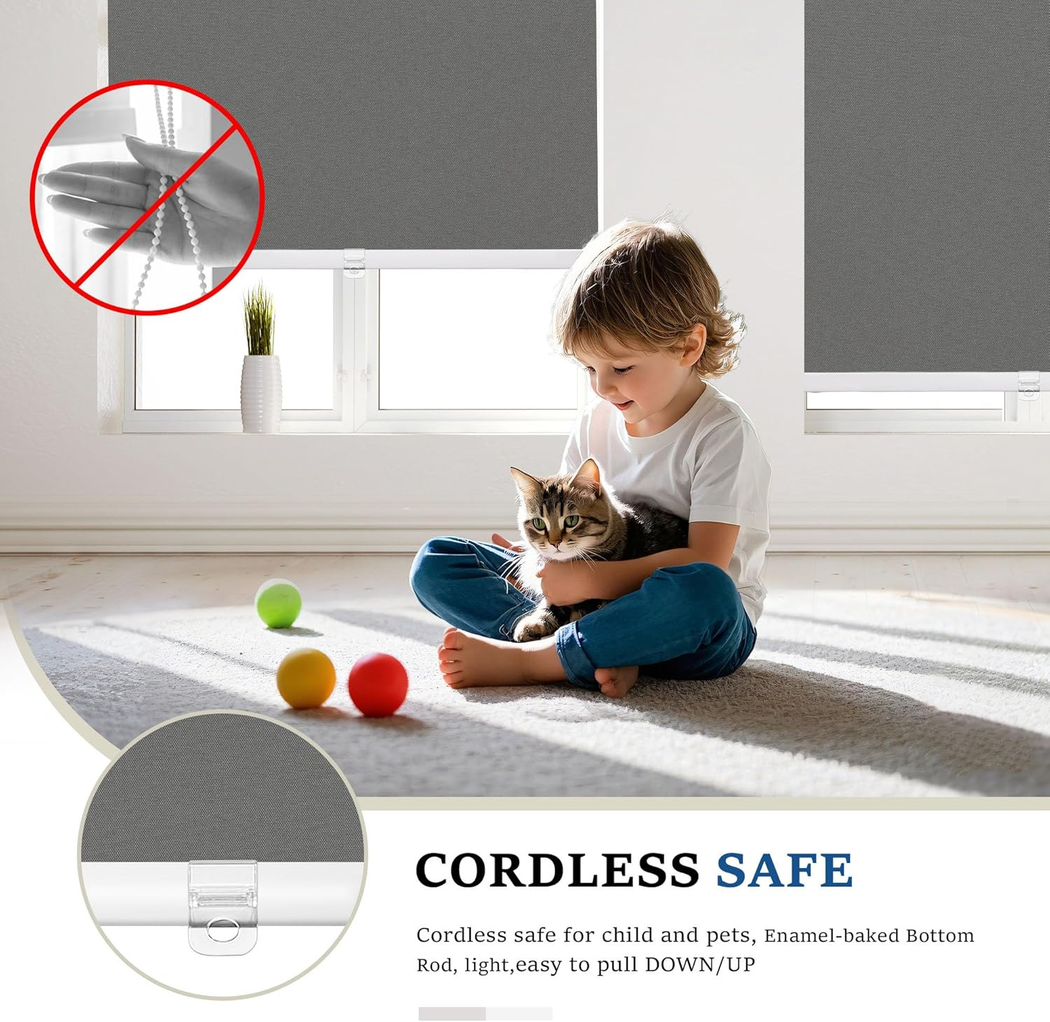 Cordless Blackout Roller Shades, Thermal Insulated, Grey 34″x72