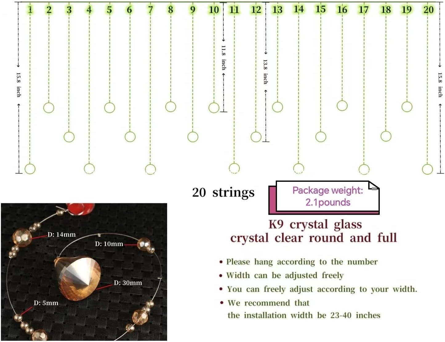 Crystal Beaded Curtain, 20 Strings Door String Curtain, Hanging Door Beads Curta