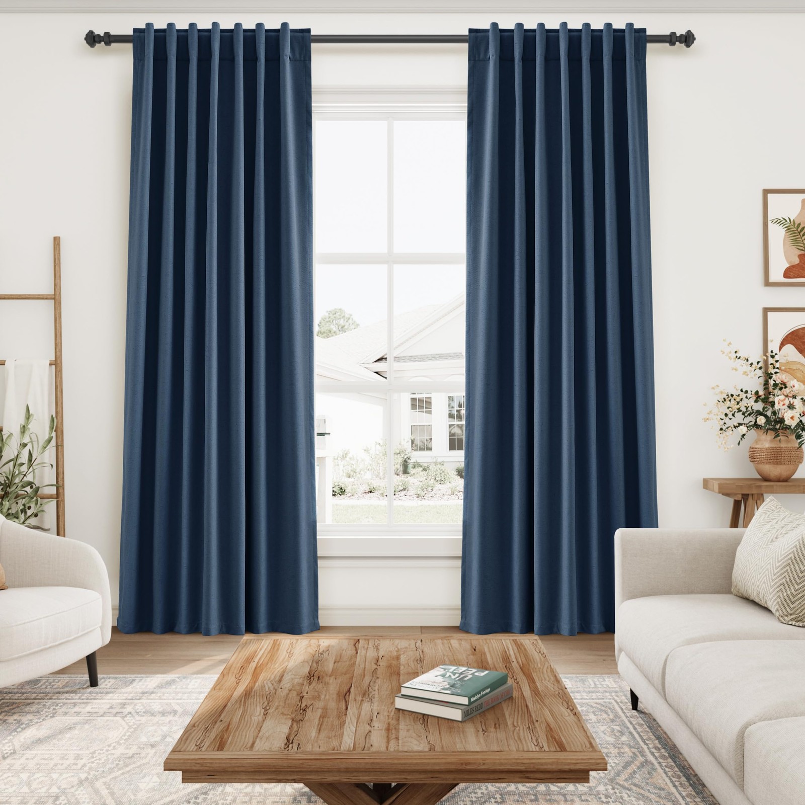 Nanspring Denim Blue 100 Linen Curtains 84 Inch Length 2 Panels Set For Bedroom