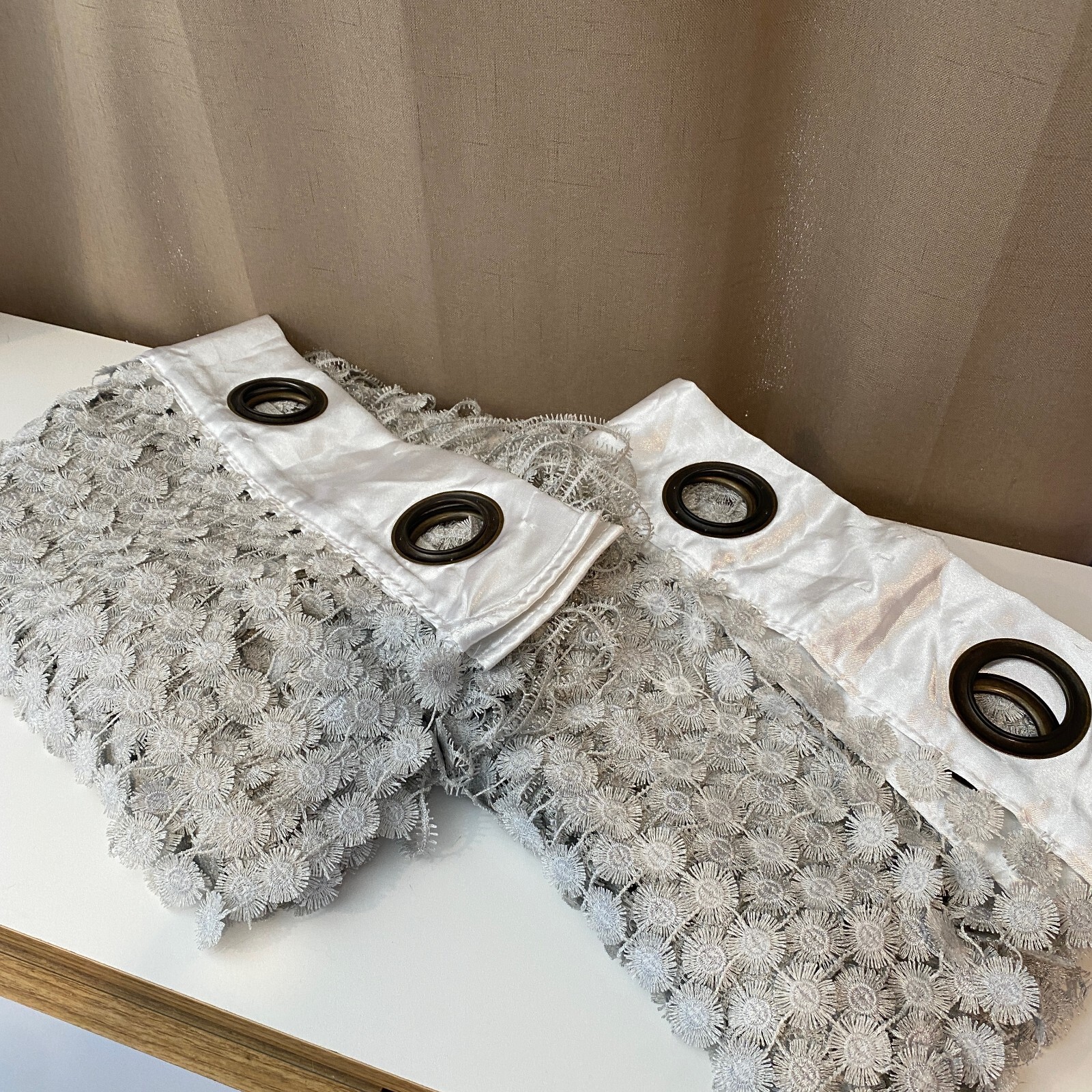Silver Gray Boho Macrame Crochet Lace Sheer Curtain Panels Set of 2 82×55