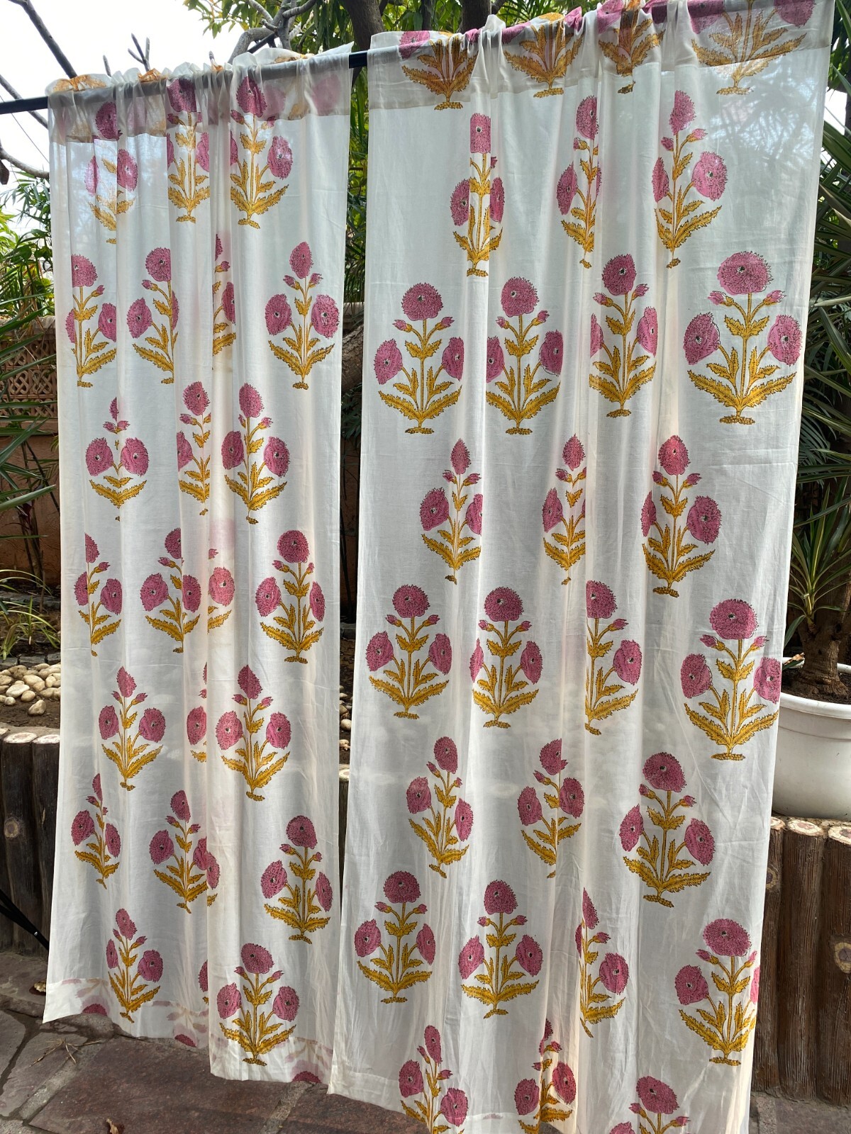 Pink hand block Print Curtain Panels Set of 2 pcs Indian Cotton Curtains