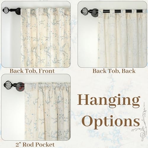 Floral Linen Curtains Semi Sheer Farmhouse Window 52″W x 96″L (Pack of 2) Blue
