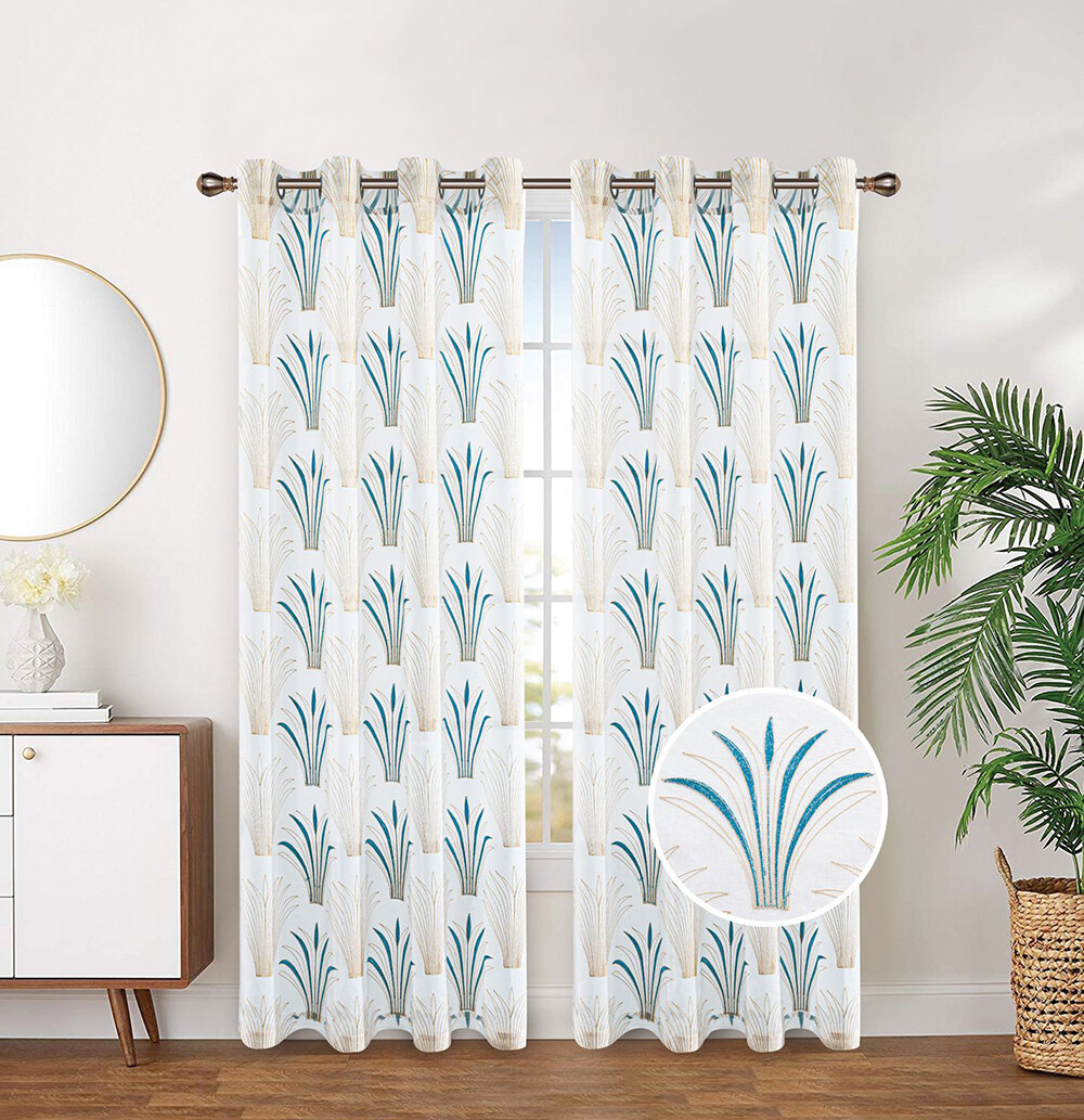 2 Panels Set Organza Sheer Embroidered Grommet Top Window Curtain Drapes, 281055