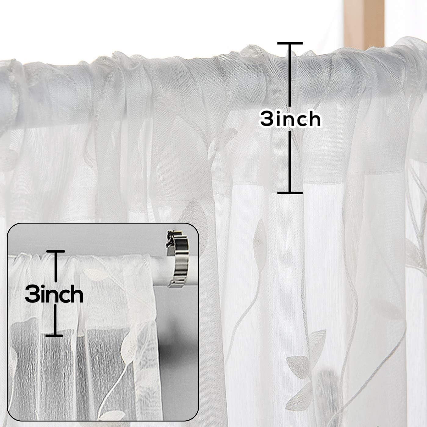 2 Panels Embroidered Leaf Pattern Semi Sheer Curtains Foliage Floral Voile Windo