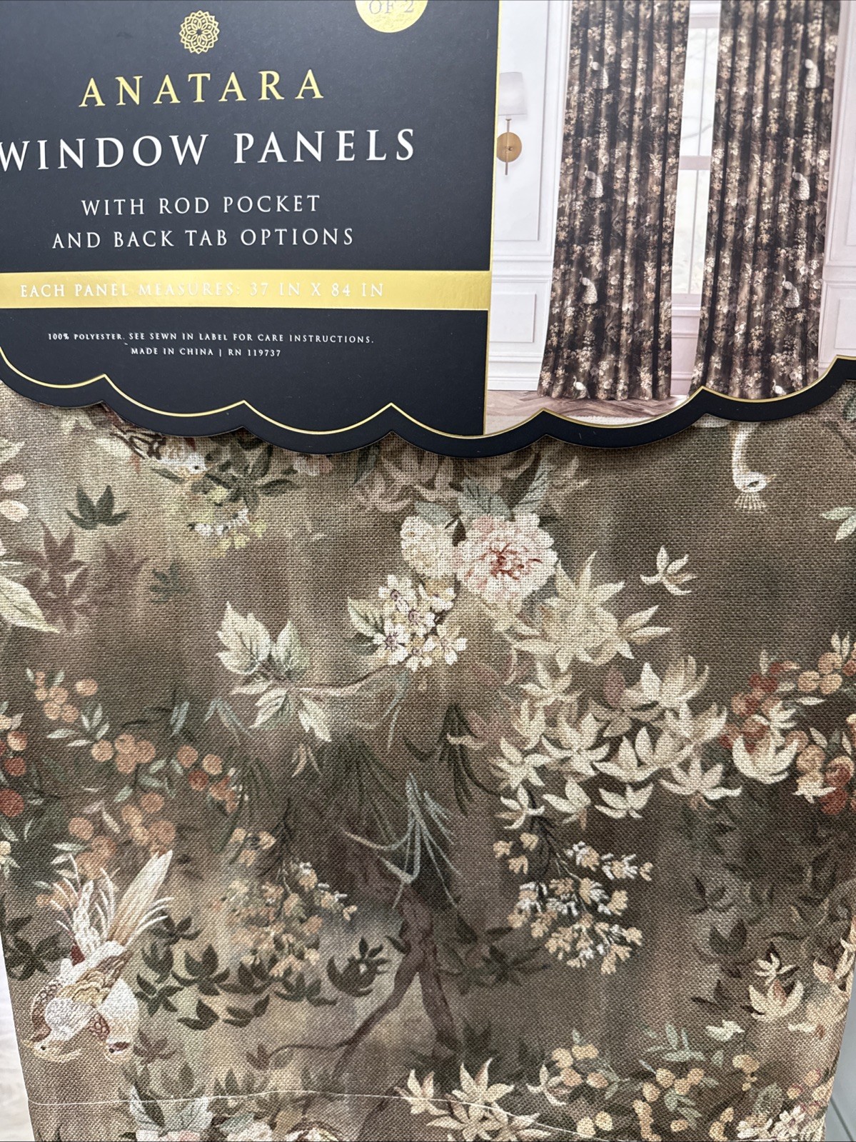 Set 2 Anatara Peacock Birds flower Branches Window Panels 37”x 84” New~