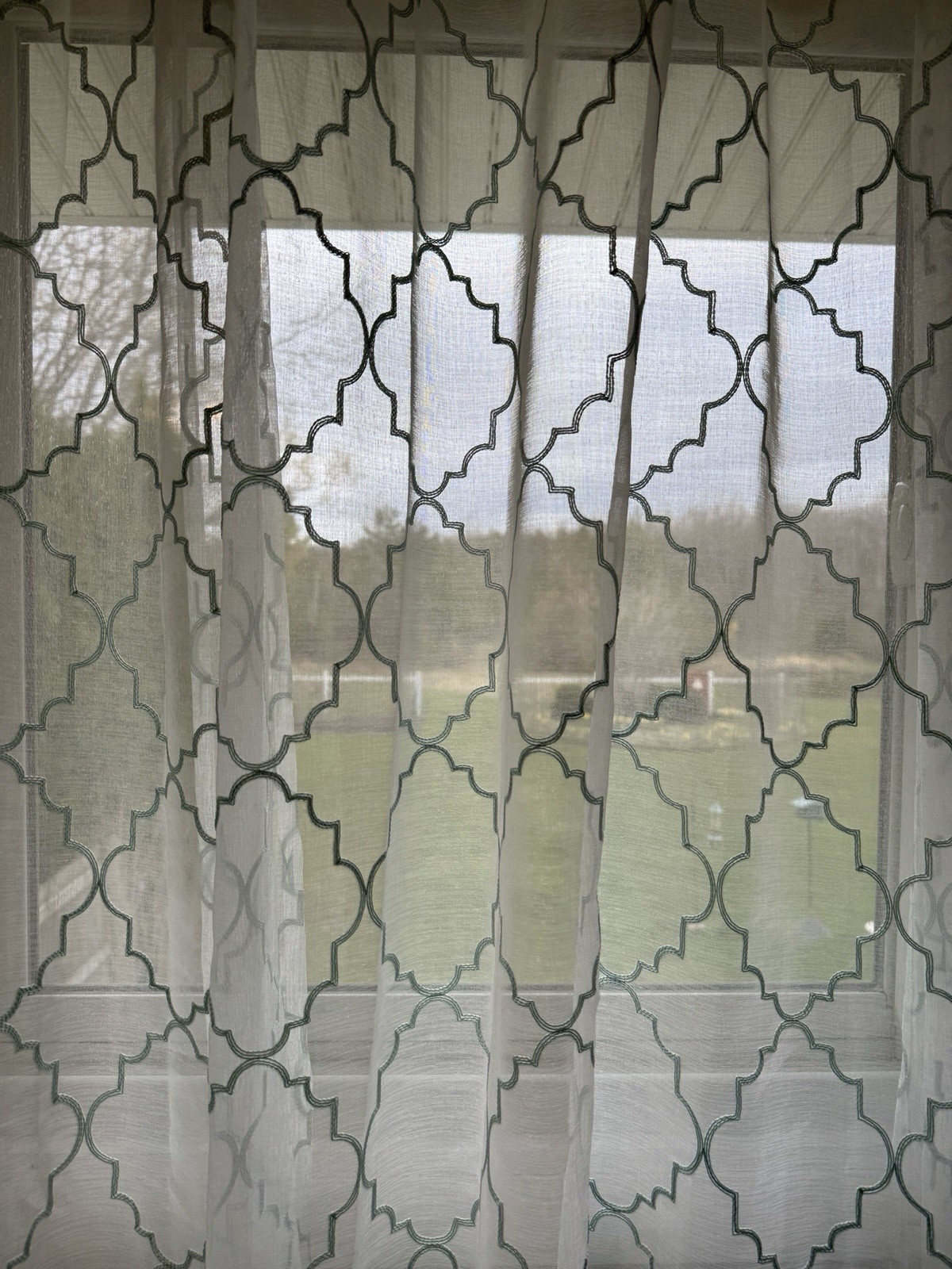 Sonoma 4 Sheer Window Curtain Panels Fret Embroidery White Green 84″ Long