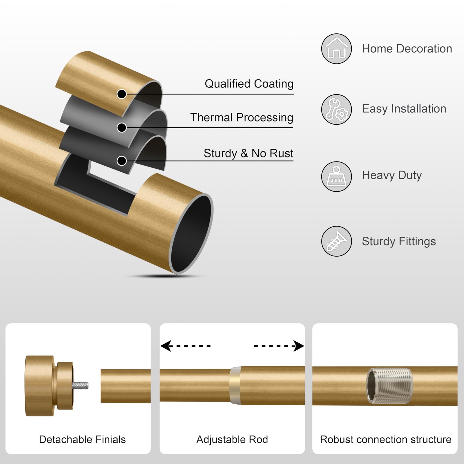 Gold Heavy Duty Curtain Rods for Windows 66 to 120 Inches Adjustable Length 1…