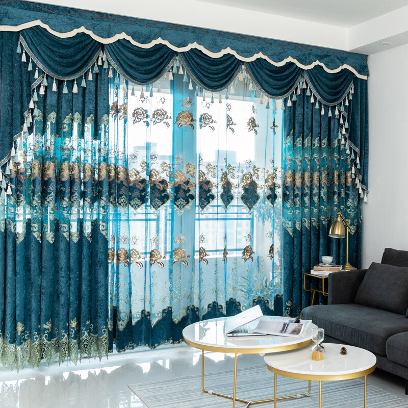 Custom living room chenille embroidered blue cloth curtain valance drape C957
