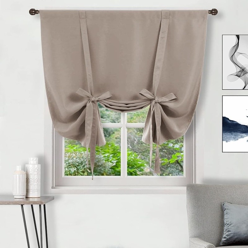 Adjustable Blackout Tie Up Curtains Soft Polyester Drapes Home Window Treatment