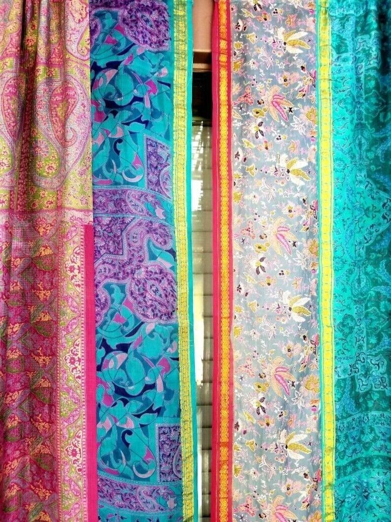 2 Pcs Indian Sari Patchwork Curtain Drape Window Decor Multi Silk Hippie Curtain
