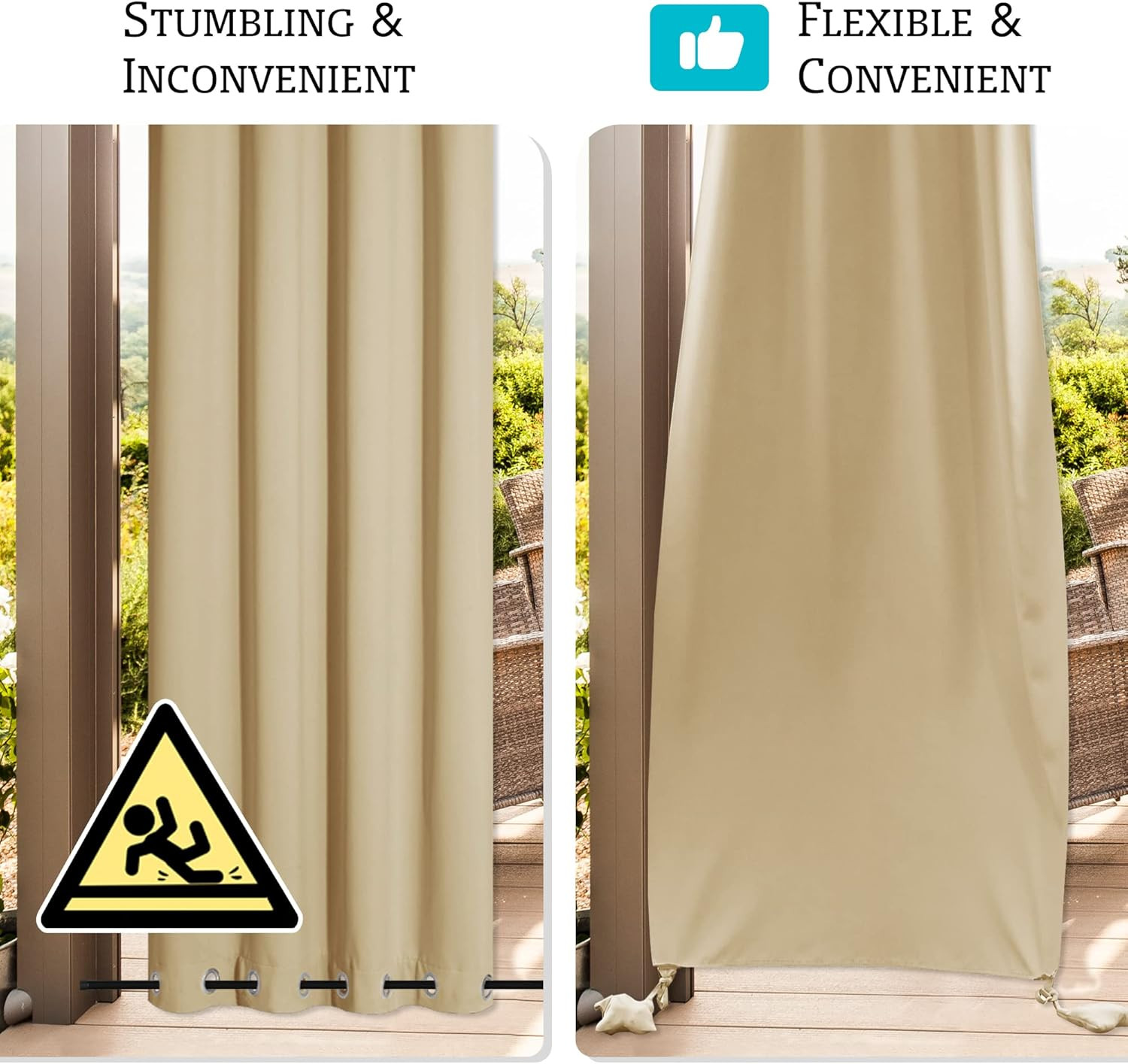 Windproof Outdoor Curtains with Weighted Bags – Beige, 2 Pcs, 52×108 Inch