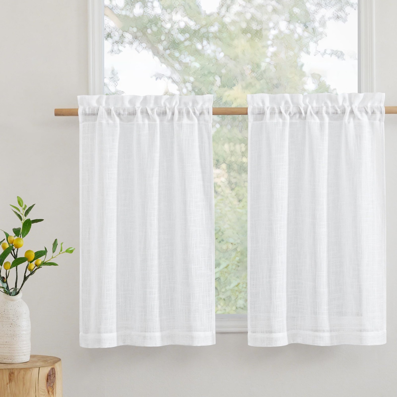 2 Panels White Linen Rod Pocket Semi Sheer Kitchen Curtains 26×30 Inch