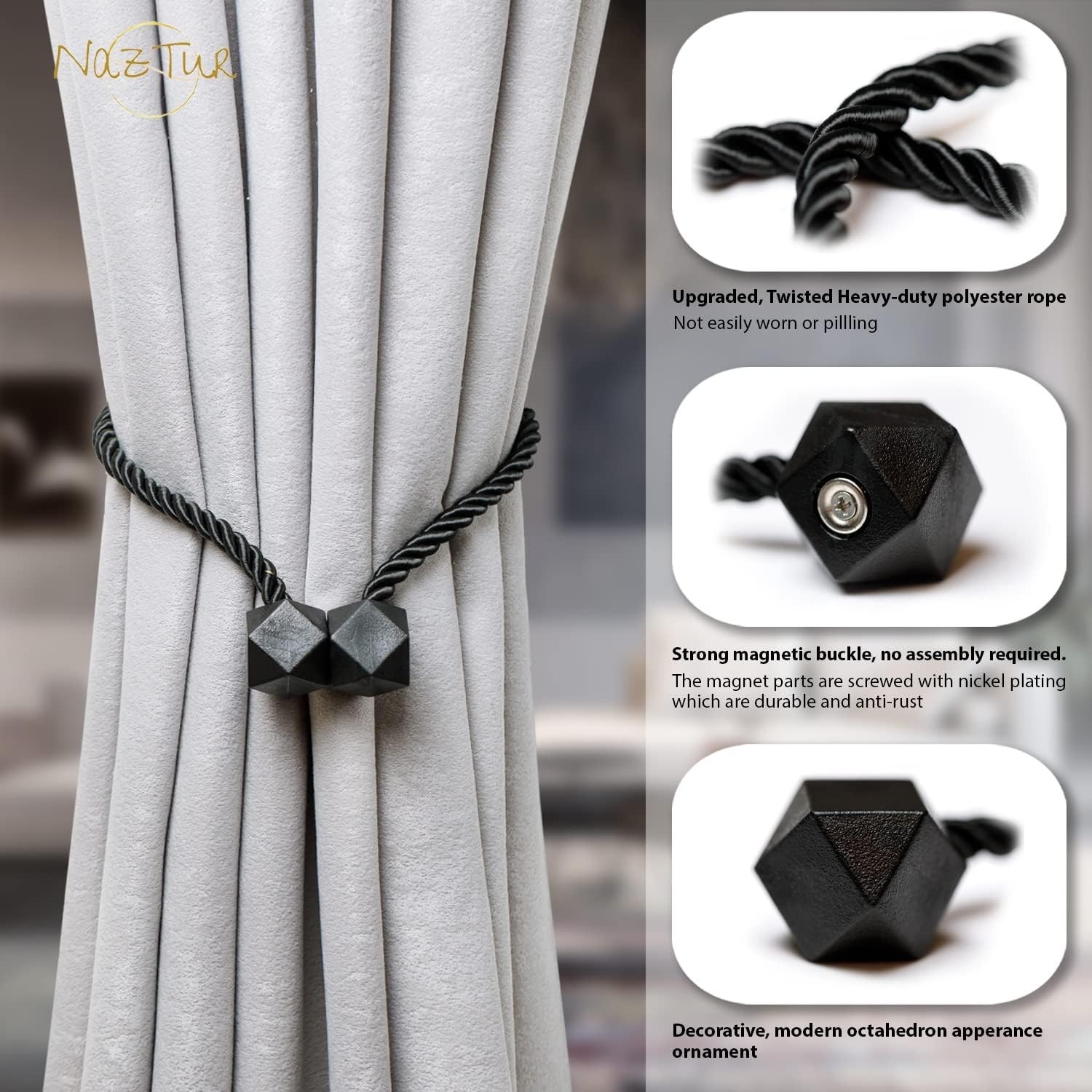 Upgraded 2022 Magnetic Curtain Tiebacks with Nickel Finish – 4 Pack in Black