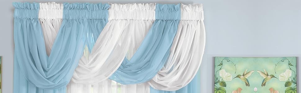 Scoop Two-Piece Rod Pocket Solid-Colored Sheer Valances for Windows, Decorative