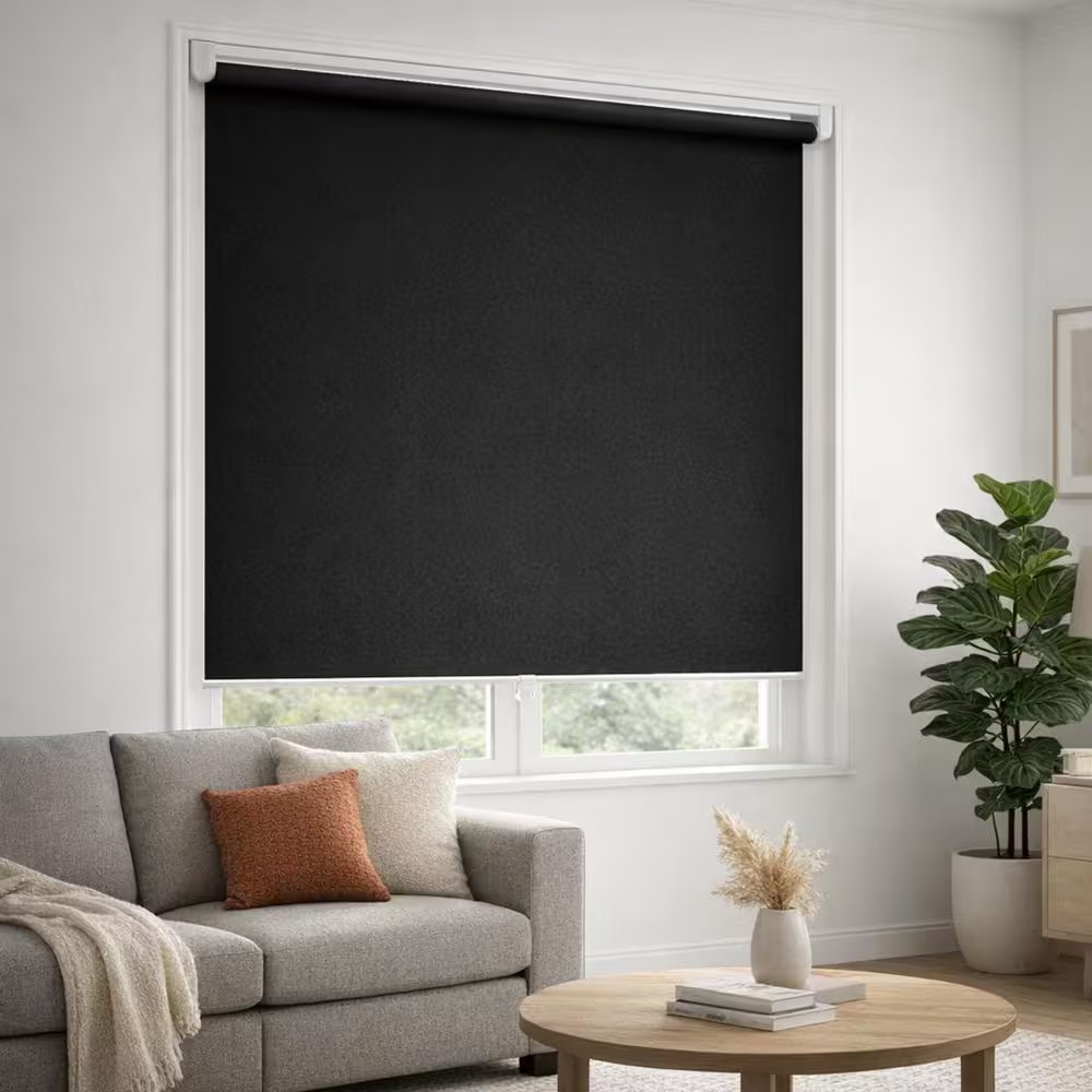Black Cordless Blackout Polyester Fabric Roller Shades with Spring System UV Pro