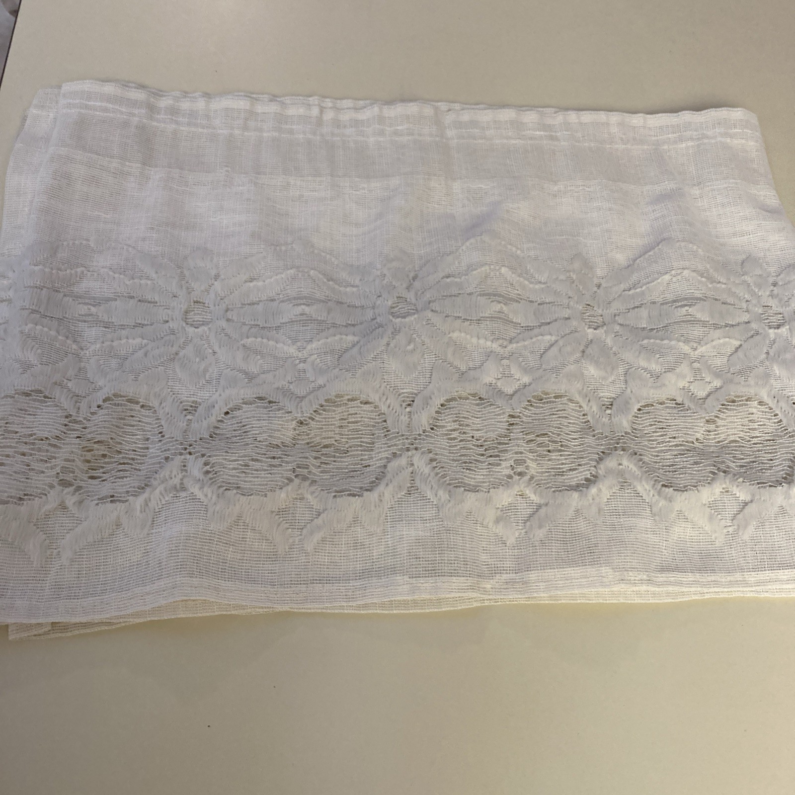 Vintage (940,50,60?)1JCPenny Ivory Embroidered, Gauge,Floral 11 1/2”x68”valence.