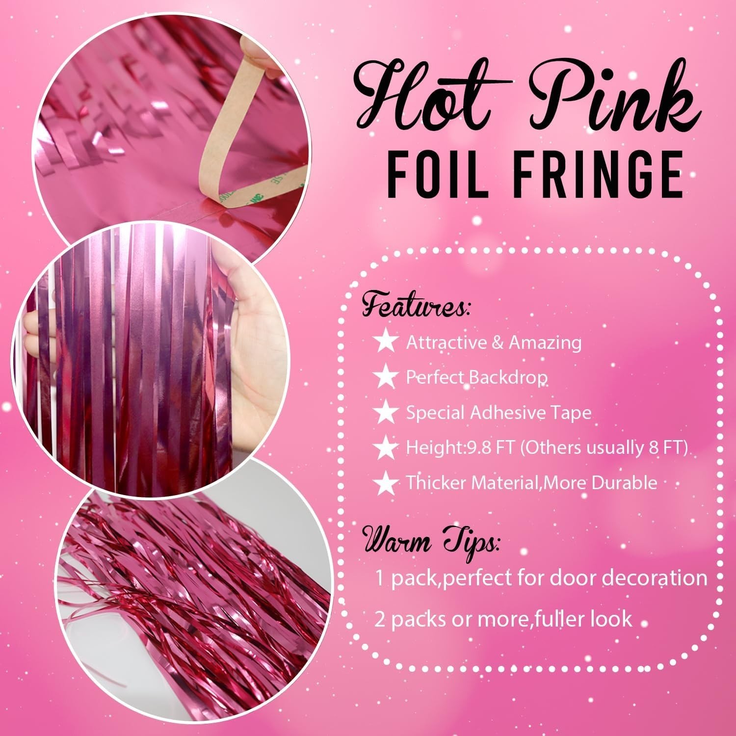 Hand Washable Foil Fringe Backdrop 6.4ft x 9.85ft Hot Pink for Celebrations