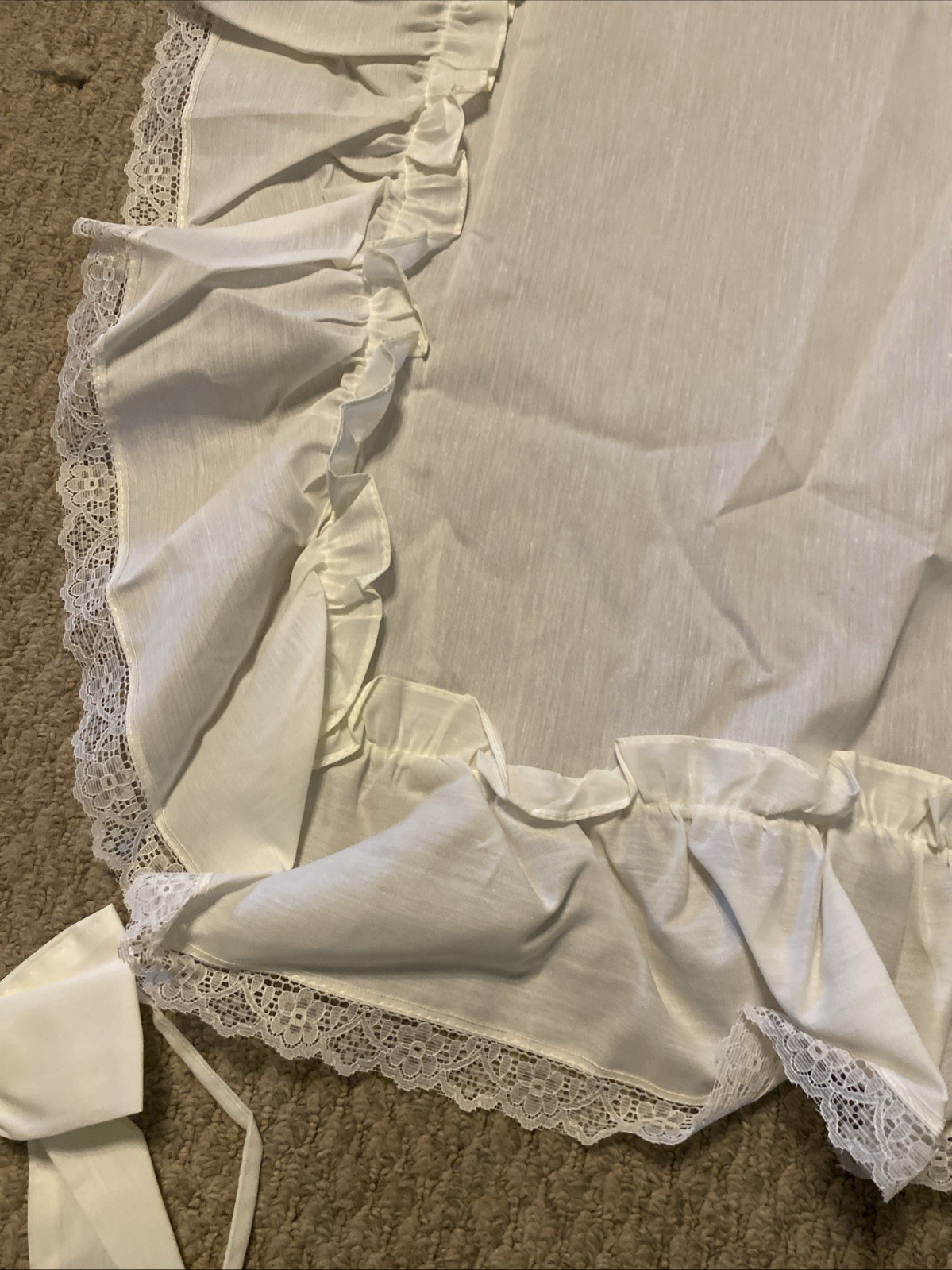 Pair Ivory Ruffled Curtains With Tie Back Bows Lace Trim 65″ Long Beautiful!