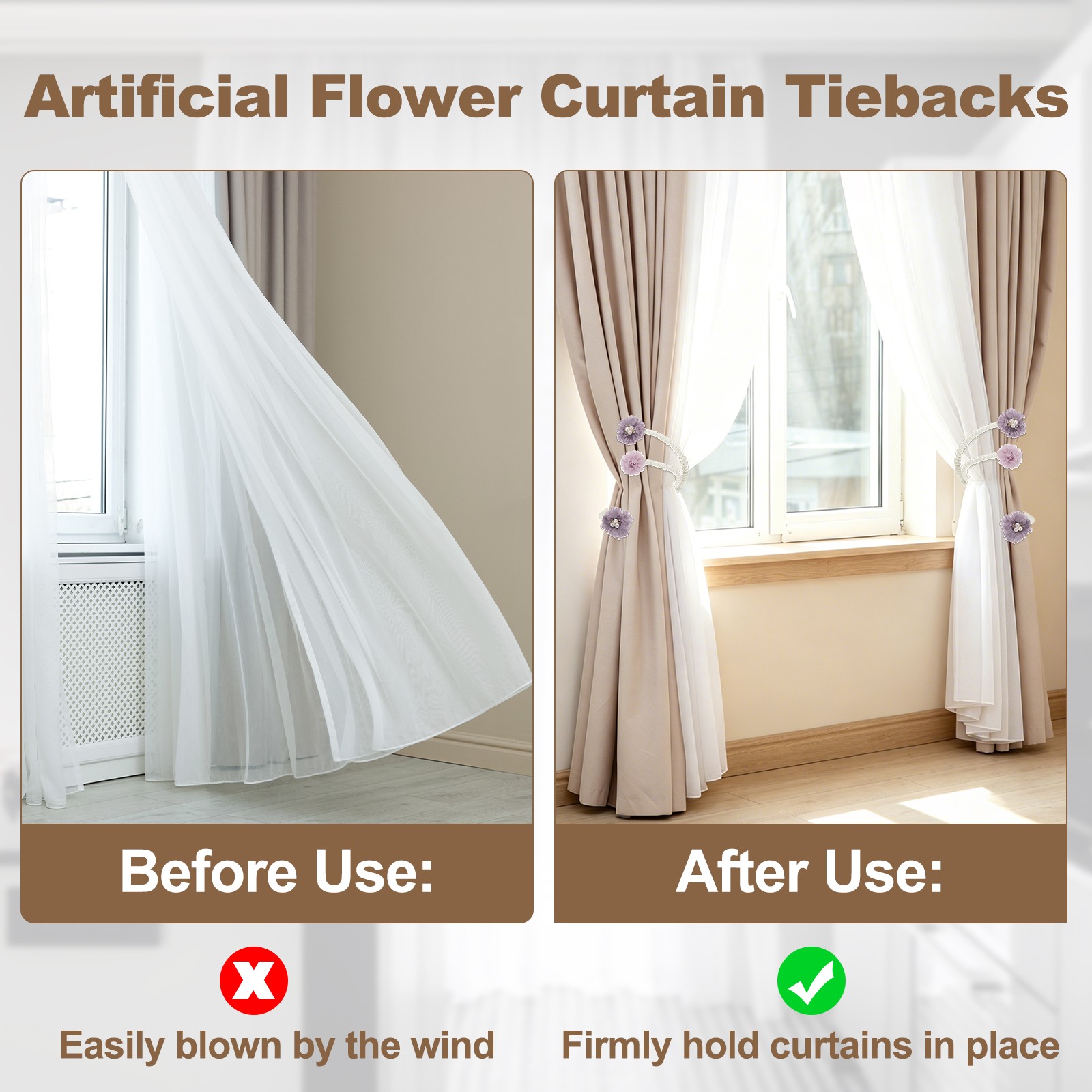 2Pcs Flower Curtain Tiebacks, 3 Flower 45cm Twist Holdbacks Clip, Gray