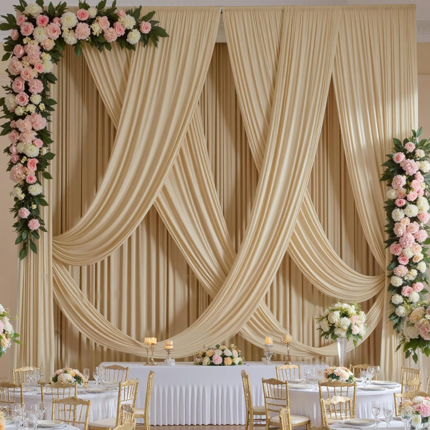 20Ft Beige Ceiling Drapes for Weddings & Events, 2 Panels, Easy to Hang