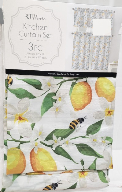 3pc. Curtains Set:2 Tiers (26″x36″)& Valance (52″x18″) FLOWERS,BEES & LEMONS, RT