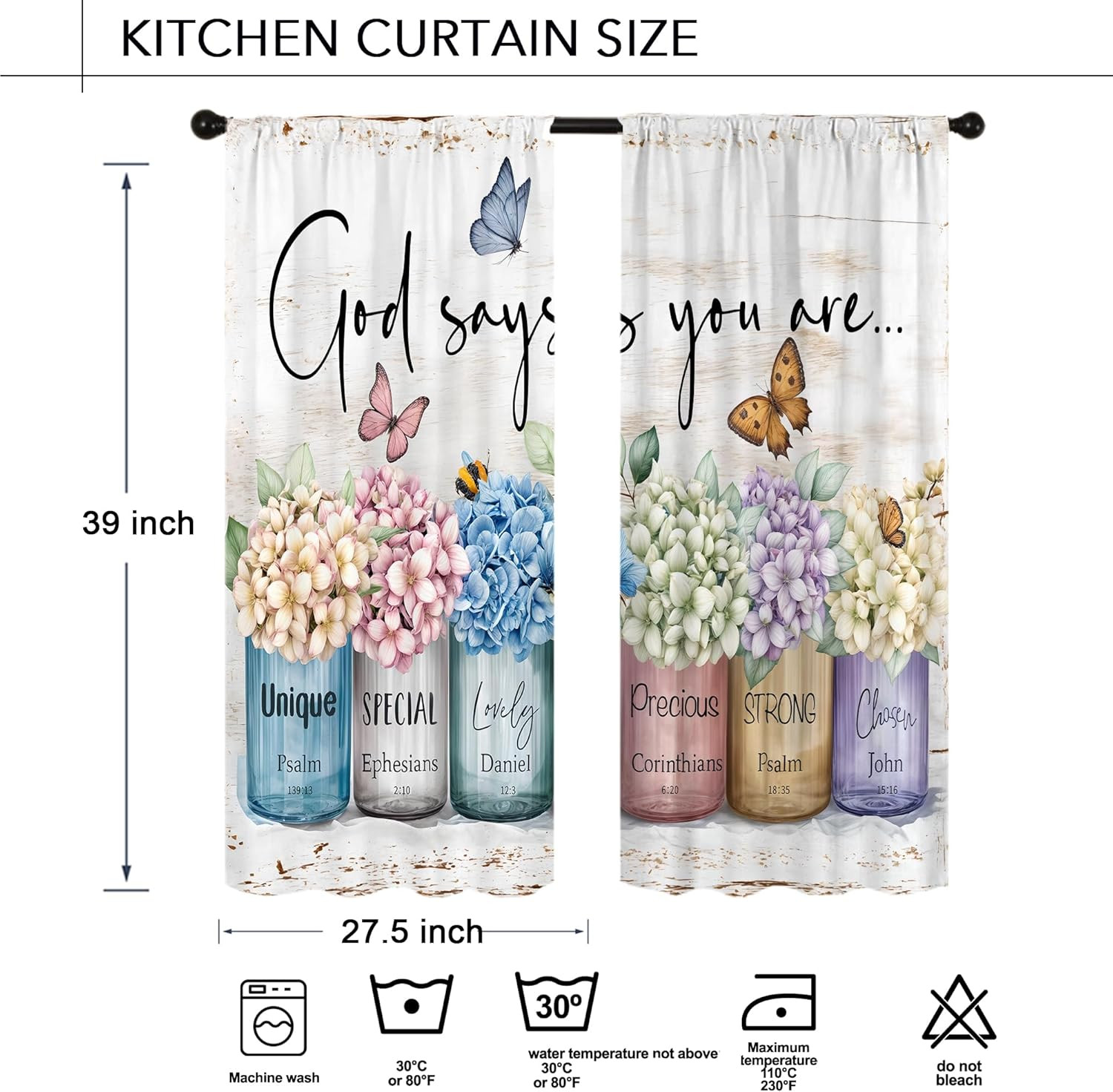 Hydrangea Religious Floral Kitchen Curtain 27.5W X 39L Inch 2 Panels Rod Pocket