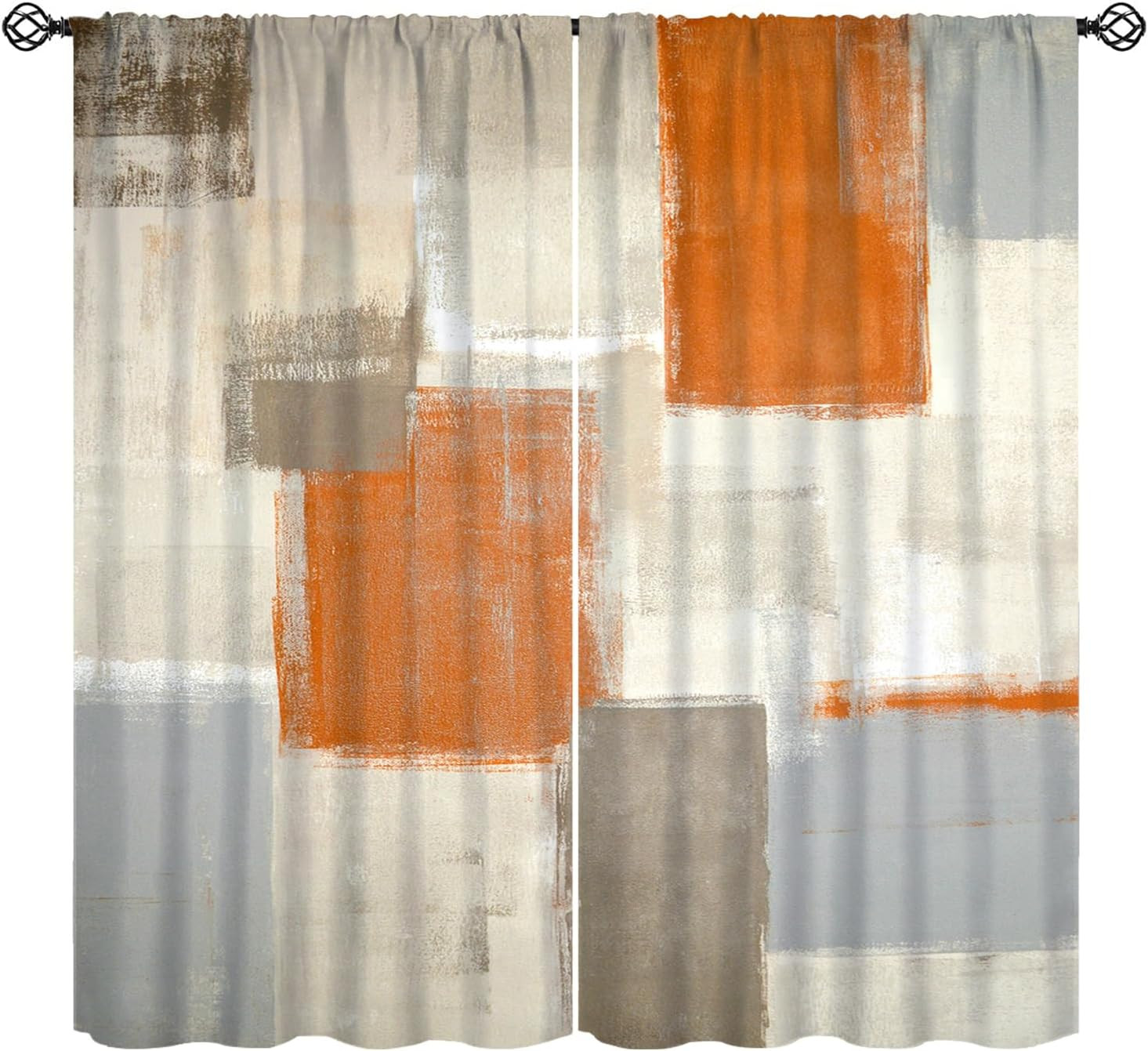 Orange Abstract Geometric Curtain, Vintage Rustic Modern Art Window Drapes for B