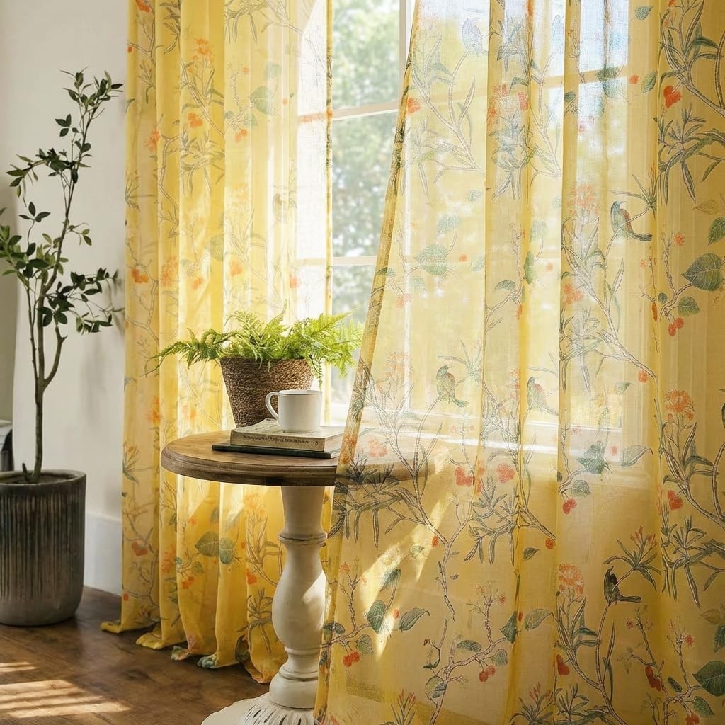Mustard Yellow Floral Sheer Curtains 84 Inch Botanical Window Panel 2 Pack