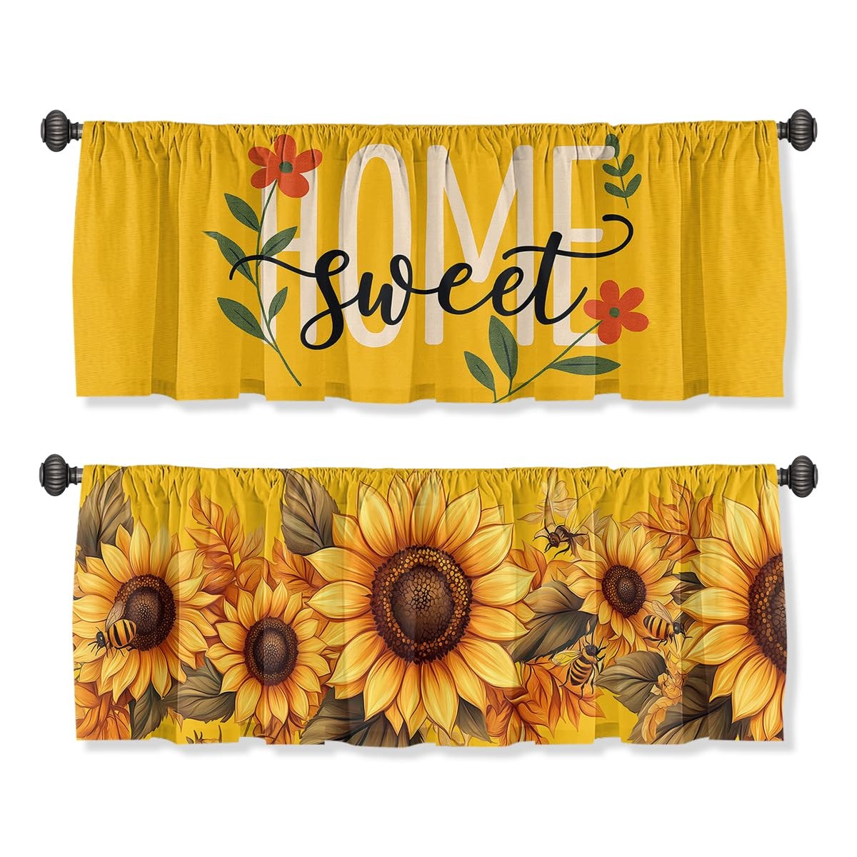 Flower Valance Curtain for Windows 2 Pack, Sunflower Bee Summer Garden Sweet …