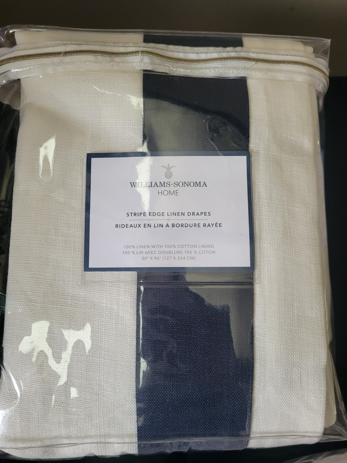 new Williams Sonoma Linen drapes window panels 96″ white w/ blue edge – set of 2