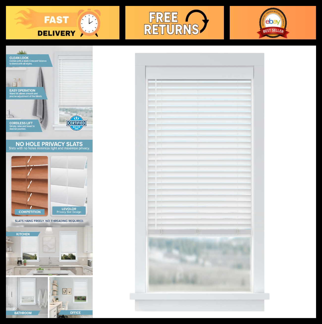 Cordless Faux Wood Blinds for Indoor Windows 34″x72″, Easy Install, Light Filter