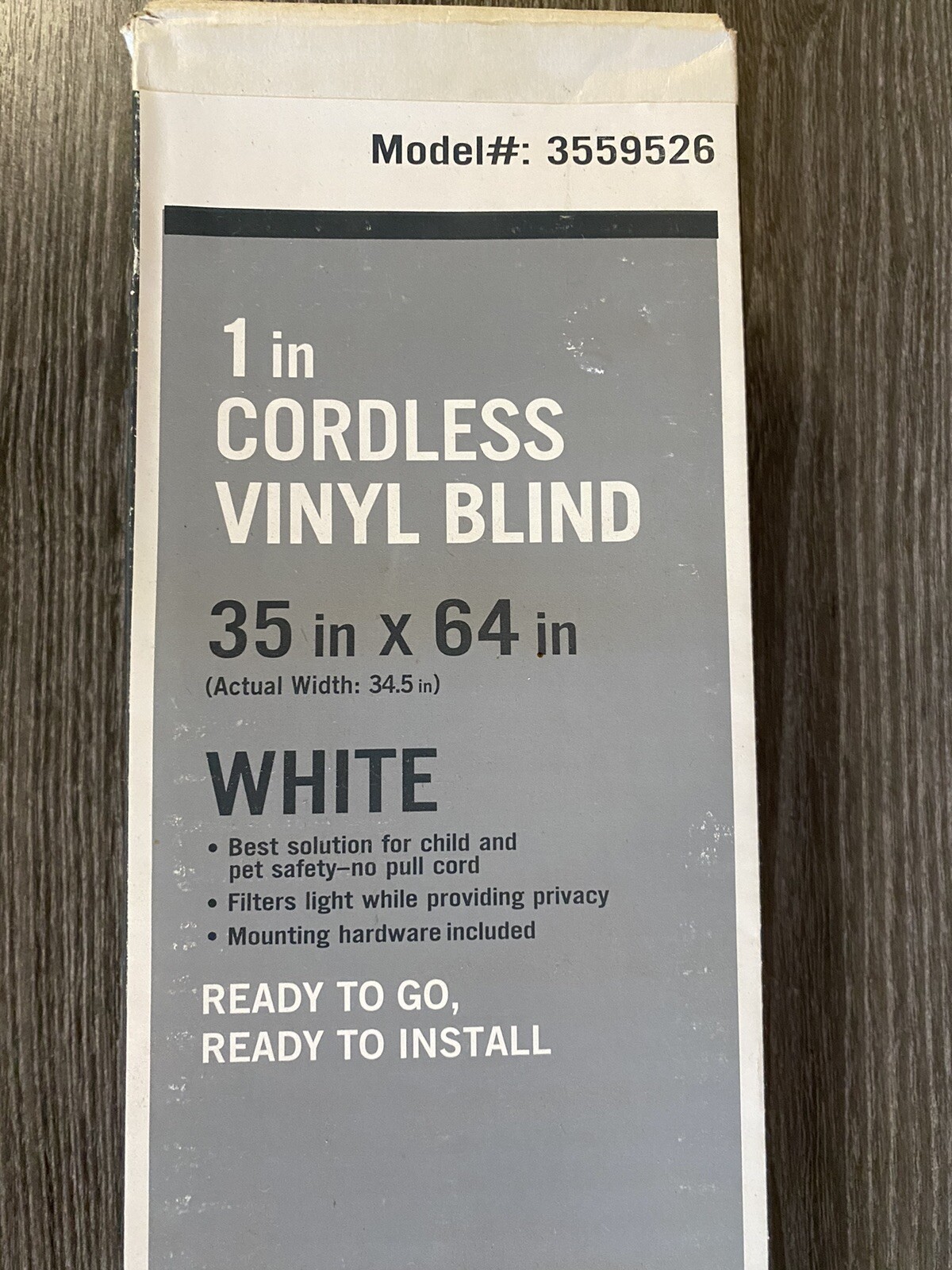 White Cordless Light Filtering 1 in. Vinyl Mini Blind – 35″W x 64″L – New