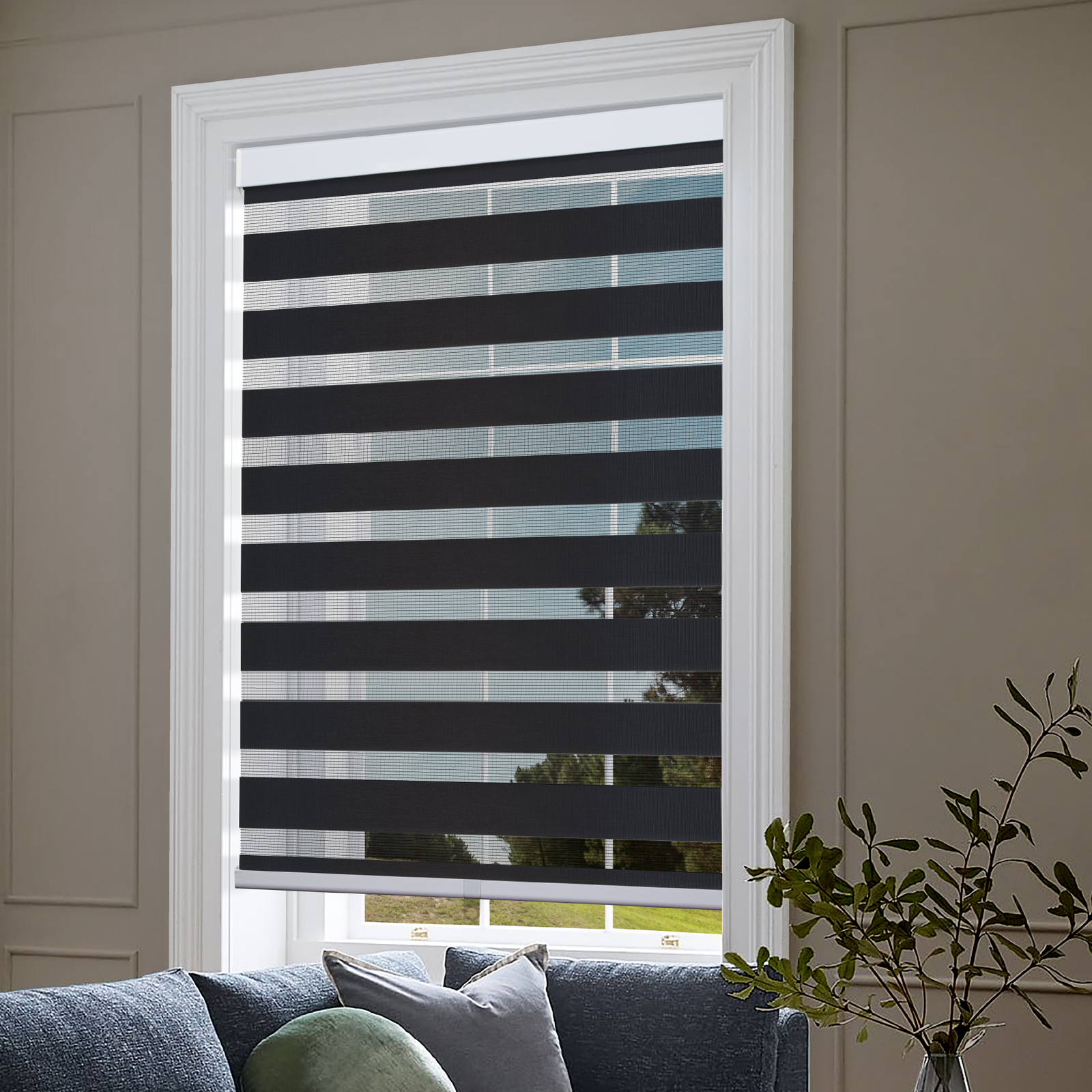 Cordless Zebra Roller Blinds Sheer Shades, Sheer or Privacy – Black, 46″W X 72″H