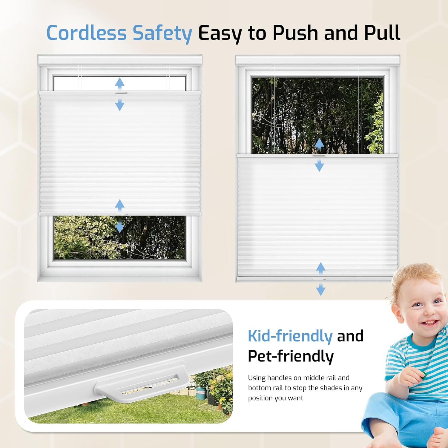 Cordless Top Down Bottom Up Cellular Shades, 21.5″ W X 48″ H, White