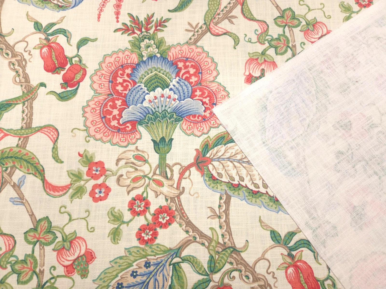 2 Drapes Multi Color Rose Blue Green Jacobean Floral Eggshell Linen