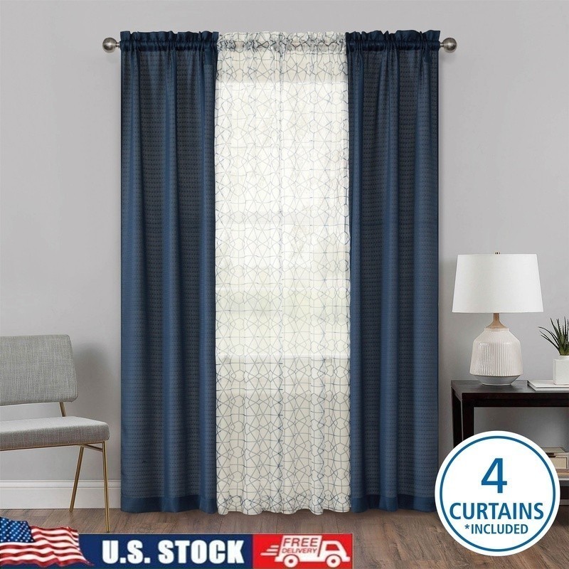 4 Piece Curtain Sheers Set Rod Pocket Light Filtering Panels Modern Home Decor