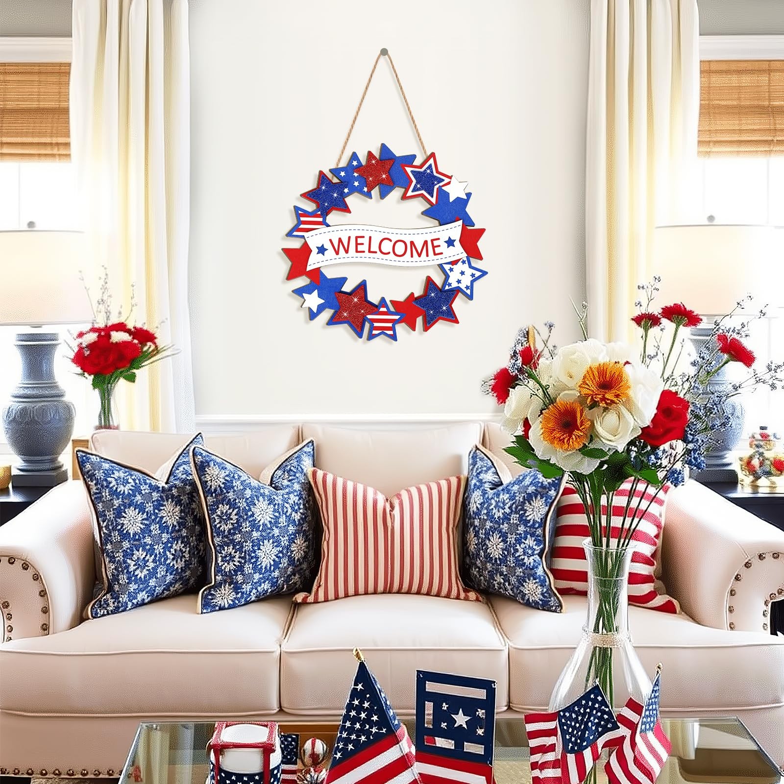 Wooden 4th of July Decoration Door Wreath for Front Door Sign Star Wall Signs, Q