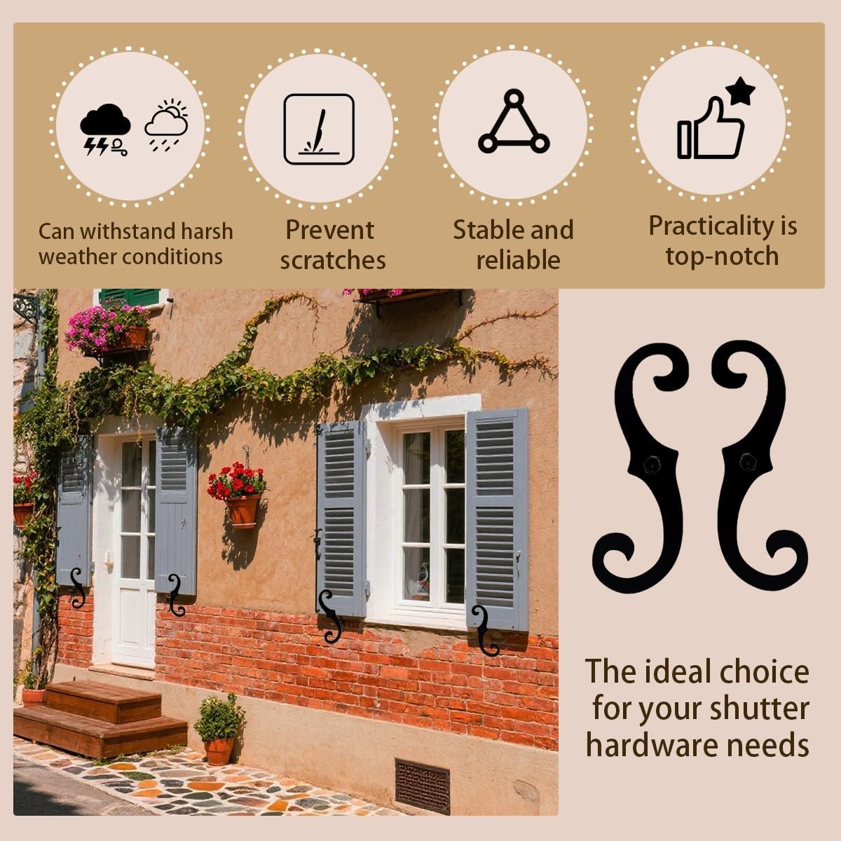 4 Pcs Black S Shaped Shutter Fasteners, 6.5″ Decorative Hardware for Outdoor Shu
