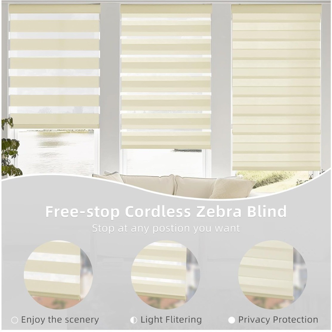 ChrisDowa Cordless Zebra Blinds 45W x 72H Beige Dual Layer Roller Window Shades