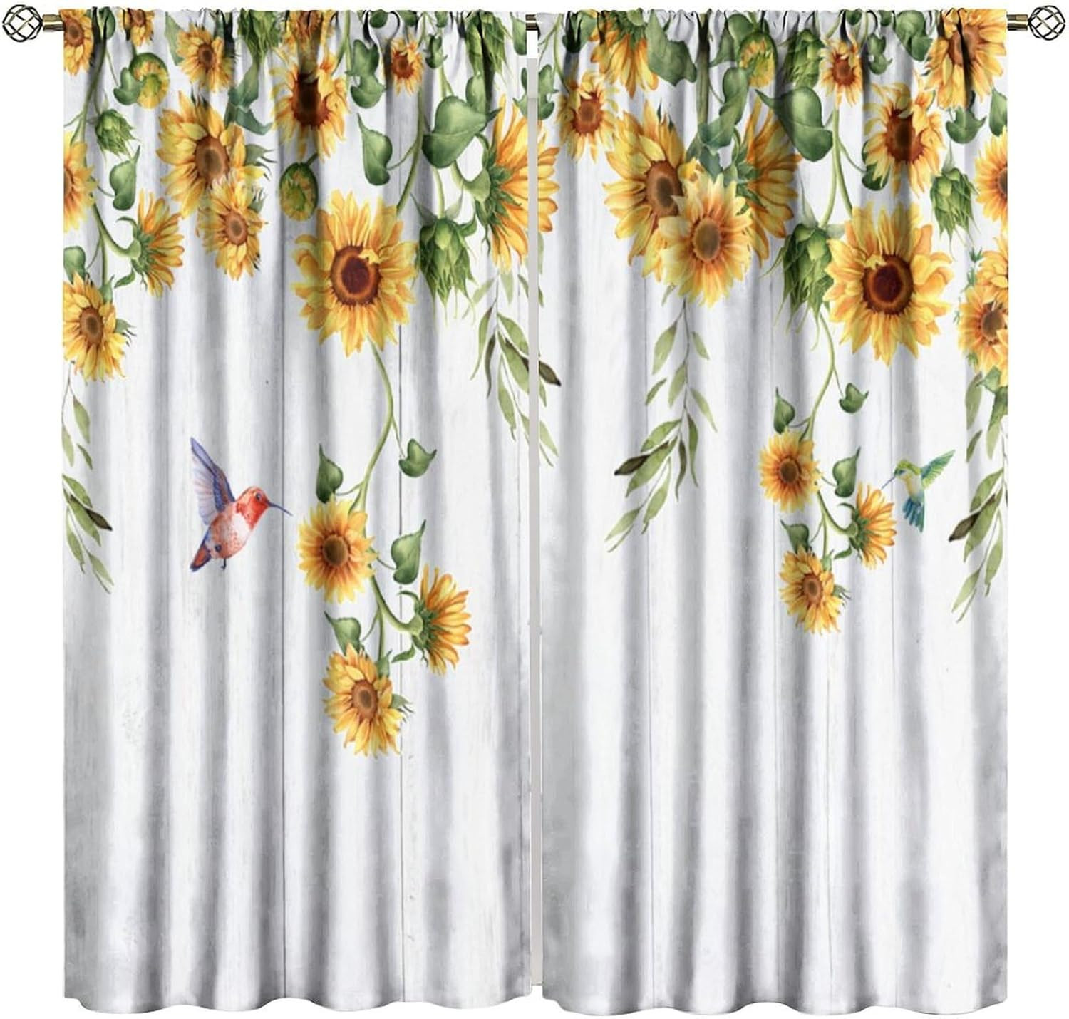 Wooden Sunflower Curtains, Rustic Country Wood Sunflower Hummingbird Floral Plan