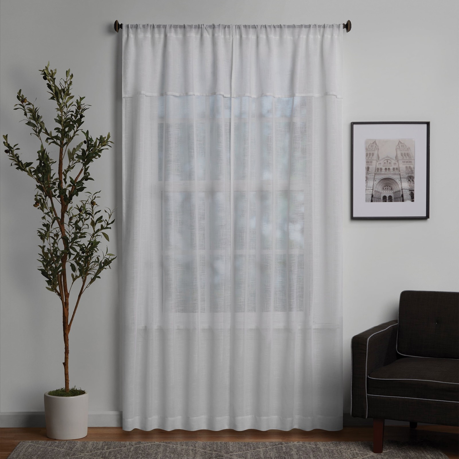 Sheer Curtain Panel Pair W/ Attached Valance Set of 2 White 37″W x 84″L