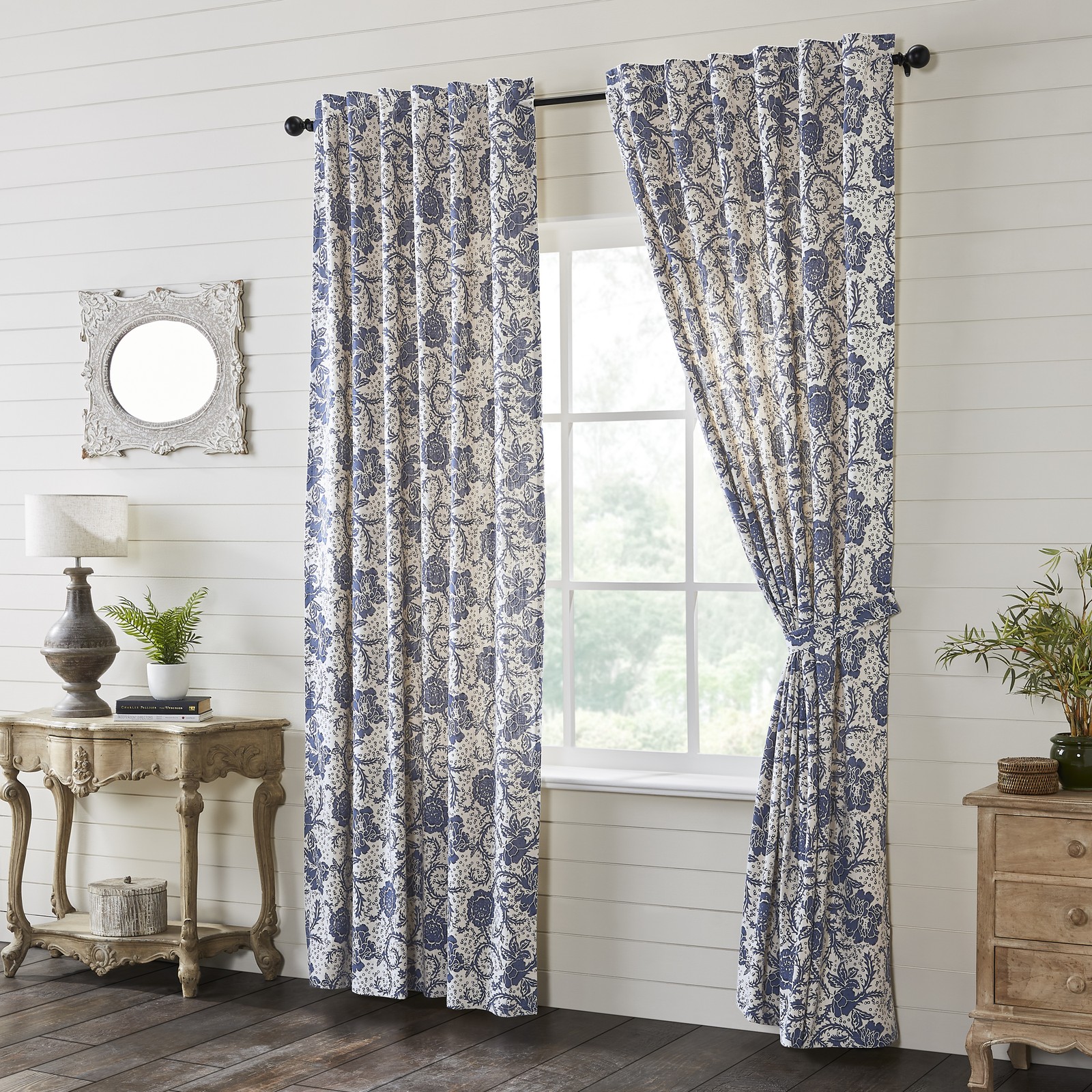 VHC Brands Panels Dorset Navy Floral Farmhouse 96×50 Set of 2 Window Curtains