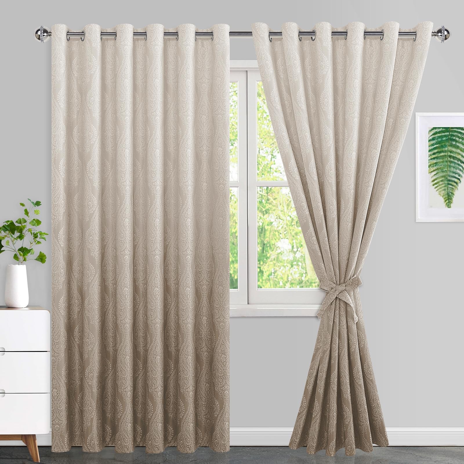 Jiuzhen Taupe Ombre Blackout Curtains For Bedroom Damask Patterned Thermal